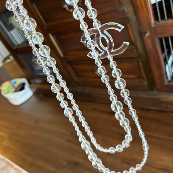 Chanel Authentic 20” Crystal Trans Clear Necklace Double Layer Double CC Logo - Picture 4 of 14